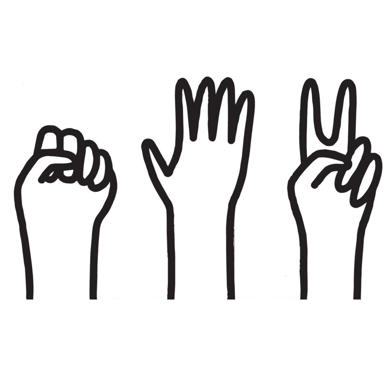 Hands making Rock-Paper-Scissors gestures in a simple lineal doodle